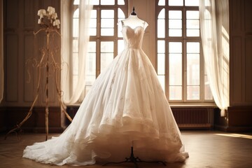 A wedding dress elegantly showcased on a mannequin in front of a window, The perfect wedding dress with a full skirt on a hanger, AI Generated