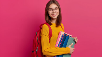 young woman with glasses is smiling at the camera, wearing a yellow sweater and a red backpack, holding colorful books against a vibrant pink background