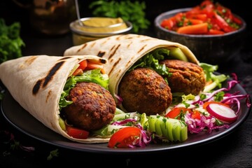 A plate featuring a mouthwatering combination of a meatball wrap and a side salad with mixed greens and fresh vegetables, Tortilla wrap with falafel and fresh salad, AI Generated - obrazy, fototapety, plakaty