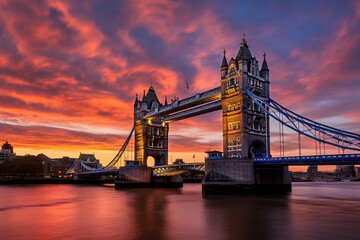 The Tower Bridge in London illuminated in vibrant colors as the sun sets, creating a stunning and iconic sight, Tower Bridge in London at sunset, London, UK, March, AI Generated