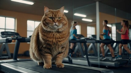 A fat cat is sitting on a treadmill in the gym