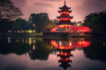 A stunning view of a towering building standing gracefully near a tranquil body of water, Tran Quoc pagoda in Ha Noi, the capital of Vietnam, AI Generated
