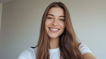 Naklejka premium young woman with long, straight brown hair and freckles, smiling broadly in a white t-shirt against a neutral background