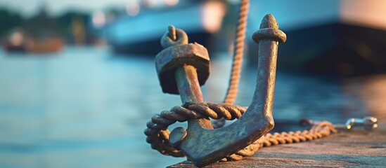 Anchor on the embankment and the cruiser in the port