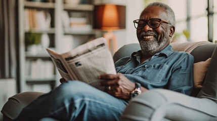 long shot of a 60 year old black male, relaxing in a gray reclining chair in his large bright living room, smiling while reading a newspaper  - obrazy, fototapety, plakaty