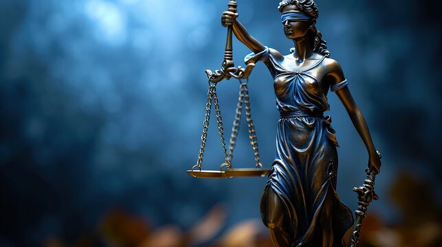 Blind lady justice with scales of justice on dark background, copy space. Legal law concept.