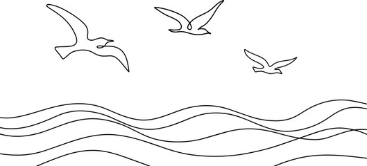 Sea. Seagulls. One line - obrazy, fototapety, plakaty