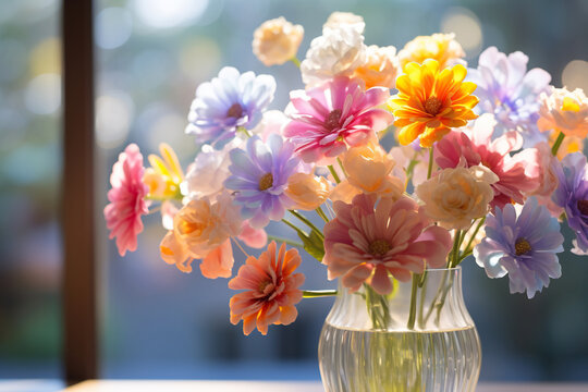 A beautiful bouquet of simple flowers in a glass vase. Generated by artificial intelligence