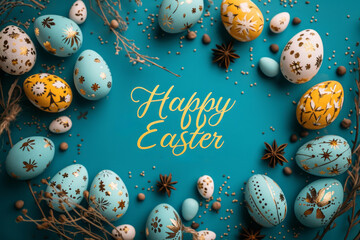 Colorful Happy Easter letters message with decorative eggs on a pastel blue background. Top view.