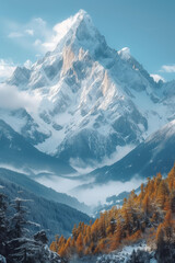 A vertical landscape photo of a mountain range, emphasizing the scale and height. Concept of mountain photography tailored for vertical displays. Generative Ai.