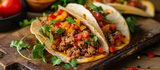 Flavorful Mexican taco with salsa and shepherd's style meat. - obrazy, fototapety, plakaty