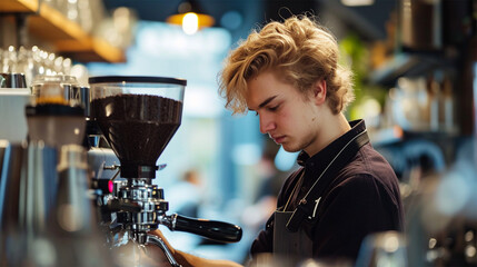 Young male barista operating an espresso machine, concentrated on coffee preparation.
