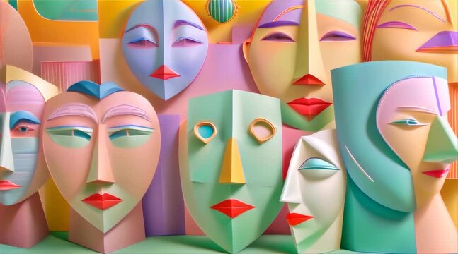 3d style cubist faces and shapes in vibrant pastel colors
