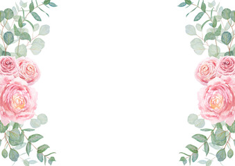 Eucalyptus and pink roses branch watercolor hand drawn floral frame, edge, border. Botanical painting of greenery leaves, pink flowers. Element of wedding invitation, print, greeting, textile, packing