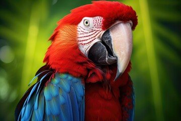 Obraz premium A stunning red and blue parrot stands out against a vibrant green background, creating a beautiful nature scene, Tropical macaw perched, vibrant feathers in focus, AI Generated