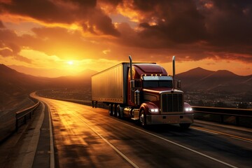 A striking image of a semi truck cruising down a picturesque highway at sunset, Truck and highway at sunset, AI Generated