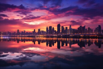 A stunning sunset fills the sky over a city, casting a vibrant reflection in the calm waters below, Twilight sky at Han River in Seoul city, South Korea, AI Generated