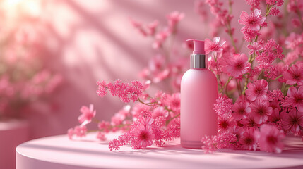 Obraz na płótnie Canvas Pink blank skincare tube and skincare bottle With flowers blooming for advertising.