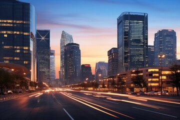 A lively city street lined with numerous skyscrapers and high-rise buildings in a bustling urban setting, Urban Dusk Landscape of CBD Central Business District, Beijing, China, AI Generated