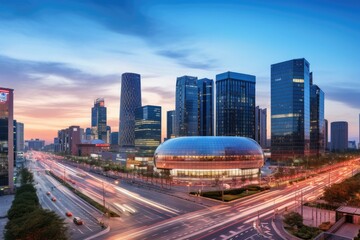 Fototapeta premium Impressive Urban Skyline High-Rise Buildings in a Bustling Metropolis, Urban Dusk Landscape of CBD Central Business District, Beijing, China, AI Generated