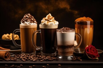 A table showcasing a variety of different types of drinks, Various coffee and chocolate drinks on a brown background, AI Generated