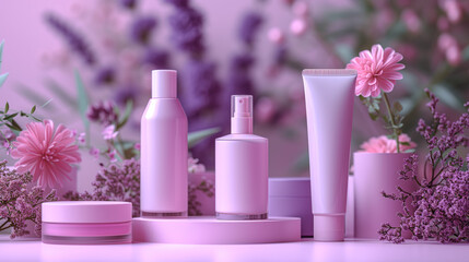 Purple ิblank skincare tube and skincare bottle with flowers blooming for advertising.