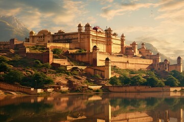 Fototapeta na wymiar A stunning castle perched atop a hill, majestically surveying the calm waters that lay beside it, View of Amber Fort in Jaipur, India, AI Generated