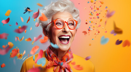 Happy grandmother posing on colored backgrounds - obrazy, fototapety, plakaty
