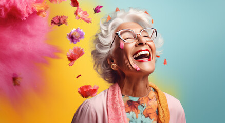 Happy grandmother posing on colored backgrounds