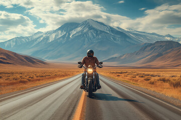 A male biker rides a motorcycle on a deserted road - obrazy, fototapety, plakaty