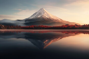 Fototapeta premium A breathtaking sight of a majestic mountain with a serene lake complementing its stunning beauty, Volcanic mountain in the morning light reflected in the calm waters of the lake, AI Generated