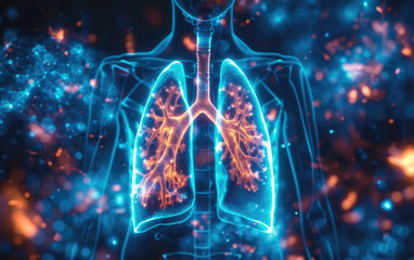 Holographic concept of lung cancer display, lung disease, treatment of lung cancer. - obrazy, fototapety, plakaty