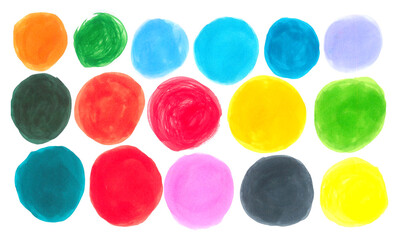 Set of multicolored watercolor circles of blue, red, yellow, green, orange and gray colors on white background - 726658376