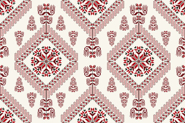 Folk floral embroidery pattern. Vector folk embroidery geometric floral shape seamless pattern. Floral cross stitch pattern use for fabric, textile, home decoration elements, upholstery, wrapping, etc