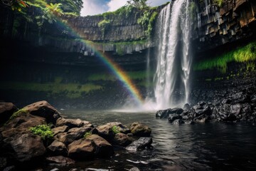 Fototapeta na wymiar A breathtaking scene of a powerful waterfall with a vibrant rainbow arcing through its cascading waters, Waterfall in Kauai With Rainbow and Bird Overhead, AI Generated