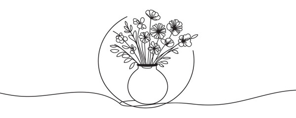 vase with flowers in one line. continuous drawing of a vase with a bouquet of flowers - obrazy, fototapety, plakaty