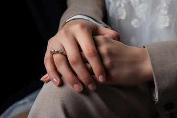 A detailed image capturing the close-up view of a persons hand proudly displaying a wedding ring, Wedding rings and hands closeup, AI Generated