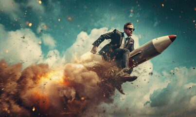man riding a rocket in the sky, concept business of businessman with success. - obrazy, fototapety, plakaty