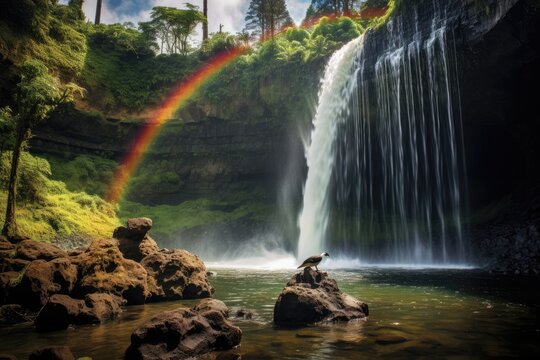 A breathtaking view of a majestic waterfall with a vibrant rainbow stretching across the sky, creating a stunning natural landscape, Waterfall in Kauai With Rainbow and Bird Overhead, AI Generated