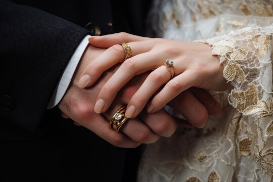 A close up image capturing the connection and intimacy between two individuals as they hold hands, Wedding rings and hands closeup, AI Generated