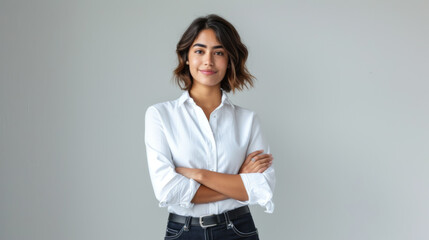 woman with short blonde hair and a confident smile is wearing a white shirt and stands with her arms crossed against a light grey background - obrazy, fototapety, plakaty