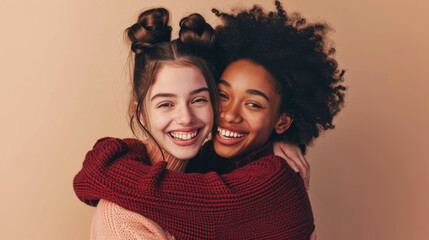 two joyful young girls are sharing a large red scarf, laughing and embracing each other with closed eyes, showing a close and happy friendship