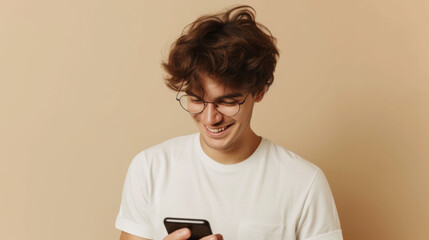 young man with curly hair wearing glasses and a white T-shirt, smiling while looking at his smartphone