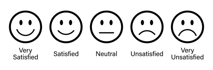 Rating emojis set in black with outline. Feedback emoticons collection. Very satisfied, satisfied, neutral, unsatisfied emojis. Flat icon set of rating and feedback emojis icons in black with outline.