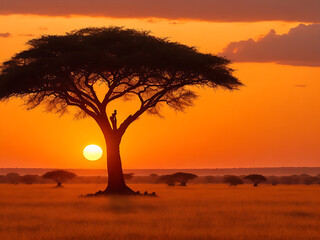 Fototapeta na wymiar Mesmerizing view of the silhouette of a tree in the savanna plains during sunset Generative Ai