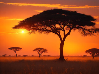 Mesmerizing view of the silhouette of a tree in the savanna plains during sunset Generative Ai