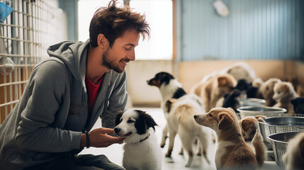 man feeding dogs at an animal shelter
