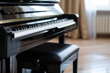 Close-up of an elegant 88-key black piano and seat