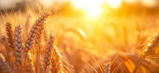 Closeup of golden ears wheat field on the background of the sun light. Rural landscape agriculture concept.