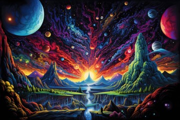Fantasy landscape with mountains, trees, river and planets in space, Stellar Odyssey, a psychedelic voyage through space, AI Generated